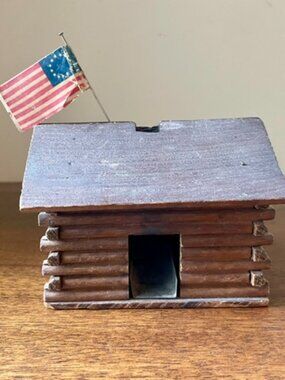 VTG Primitive Folk Art Wood Cabin with Colonial American Flag